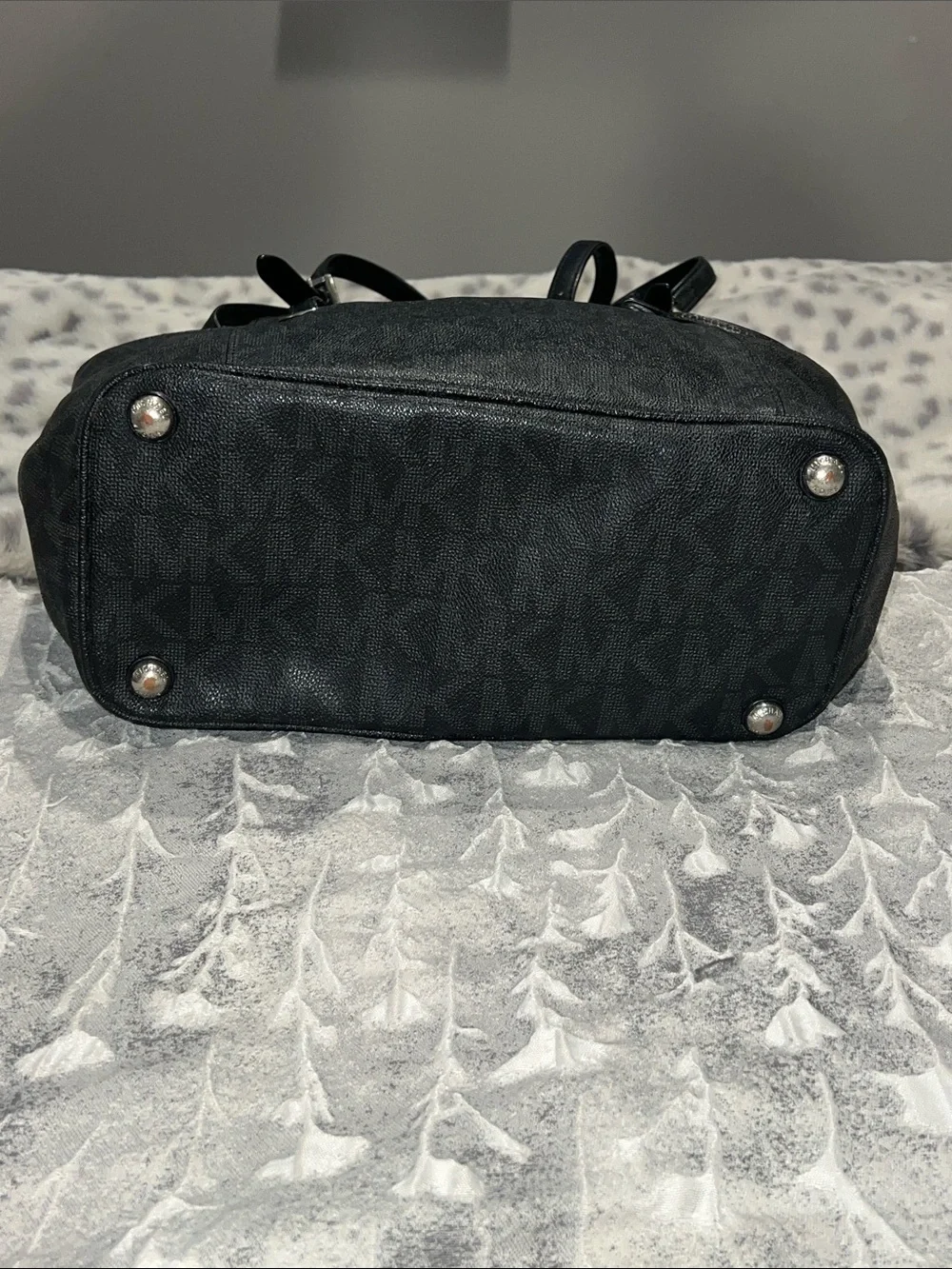Michael Kors Black MK Monogram Tote with Silver Logo Charm